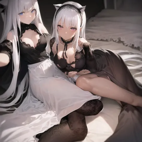 anime,chocolate dark-skinned female,cat ears wearing a lingerie, Eye color is amber ,Background inside the mansion,The composition is stylish. A close-up, low-angle view of a young maid kneeling on the floor, looking directly into the camera with a soft, c...