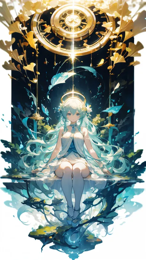 goddess，Halo， pure white background ，huge clock ，Water Ripples，Ginkgo Tree，Leaves， petals falling，transparent，yarn，Stardust，transparent身体，sexy，whole body