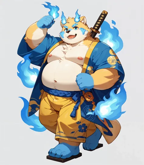 furry ,solo ,overweight,foot,botailang,,botailang,paw,blue foot,blue hand,blue fire
