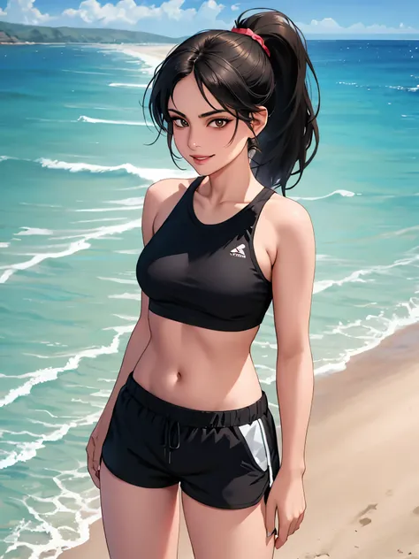 the Armenian woman, medium black straight hair, ponytail, small breasts, brown eyes, wearing sport top and shorts, jogging, beach view beach, looking at the camera, smirk