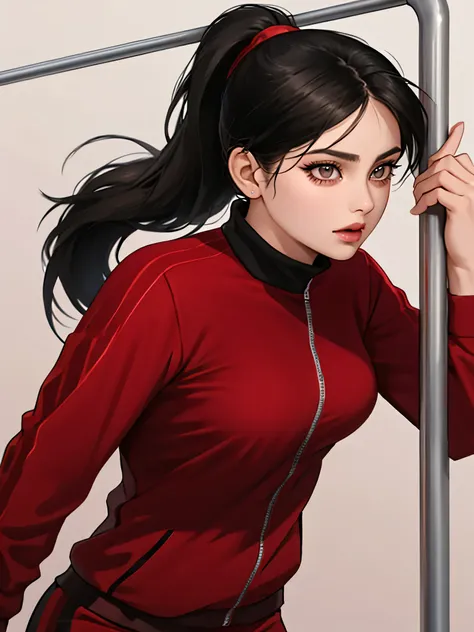 the Armenian woman, medium black straight hair, ponytail, small breasts, brown eyes, wearing red sport suit, pulling up on a horizontal bar