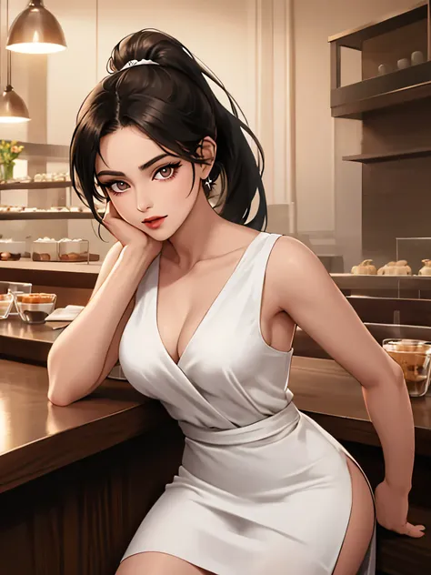 the Armenian woman, medium black straight hair, ponytail, small breasts, brown eyes, wearing white sexy dress, sexy posing in the cafe