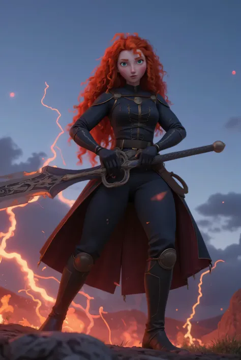 Anime Girl，Pitch-black armour, A two-handed giant sword with a dragon carving is stuck in the ground in front of you，He holds a huge two-handed sword with a dragon carved on it.，whole body，Panoramic lens,The body is surrounded by red lightning and flames,b...