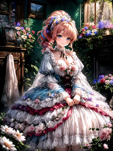 Lady, Curly Hair,  ponytail,  floral crinoline hoop skirt,  Red Petticoat Dress , ((( big size))), hyper detailed beautiful eyes, bonnet, Fluffy, pink hair, ((smile)), downblouse, loose t-shirt,  light particles, Retro, forest, ((nature)), ( in the woods )...