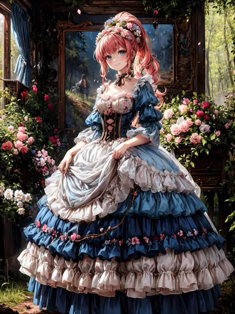 Lady, Curly Hair, ponytail, floral crinoline hoop skirt, Red Petticoat Dress , ((( big size))), hyper detailed beautiful eyes, bonnet, Fluffy, pink hair, ((smile)), downblouse, loose t-shirt, light particles, Retro, forest, ((nature)), ( in the woods )...