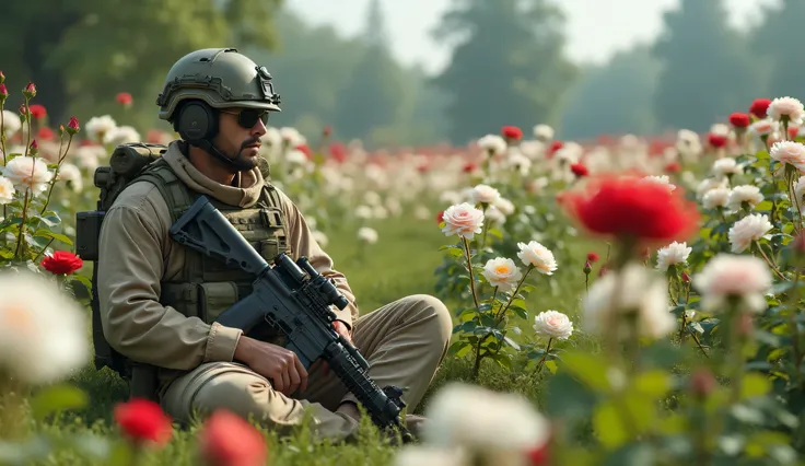 A man wearing combat clothes with no slogans on it, with his full equipment, sits on the left in a sitting position, in a field with white and red roses