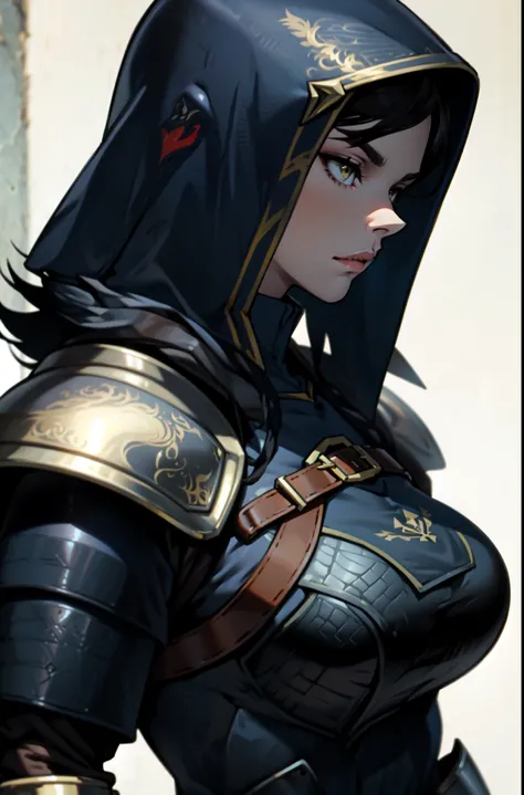 medieval villa (((all black armor))) (((all black armor))) (((all black armor))) (((all black armor))) solo girl black hair yellow eyes pale skin huge muscles large breasts thick