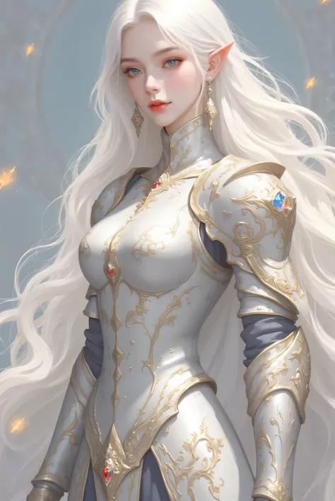 A perfect toned bodybuilder fit beautiful elf girl fully armored thin sharp nose 