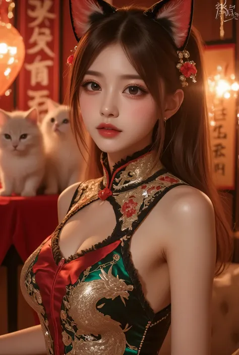 Cat ears、 face up, attractive, pretty girl, ponytail、few beautiful lady hair decorations, (( fine facial features , eroticism)), dramatic lighting , realistic , 8k, Dramatic Shadows , intricate and elaborate patterns , super detailed photo , chiaroscuro li...