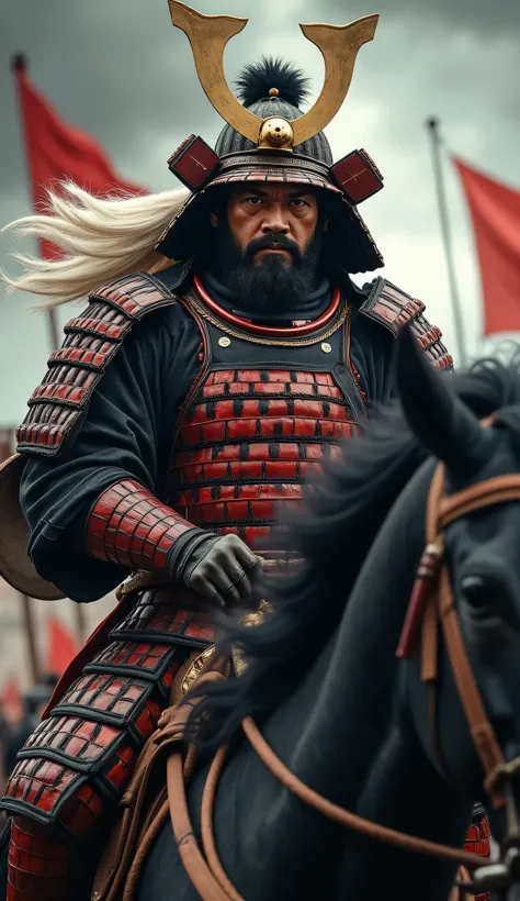 Ultra-detailed, hyper-realistic masterpiece. A close-up of Takeda Shingen, the "Tiger of Kai," leading his mounted samurai into battle. He wears a distinctive kabuto (helmet) adorned with small horns and flowing white artificial hair, symbolizing his formi...