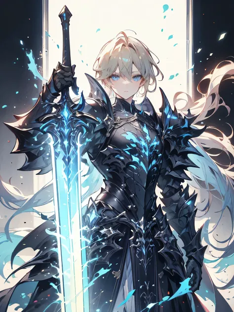 masterpiece, highest quality, solo , blonde hair, male (perfect face:1.1), (high detail:1.1), wearing black armour with a bluish colour sword on one of his hand Full sized image 