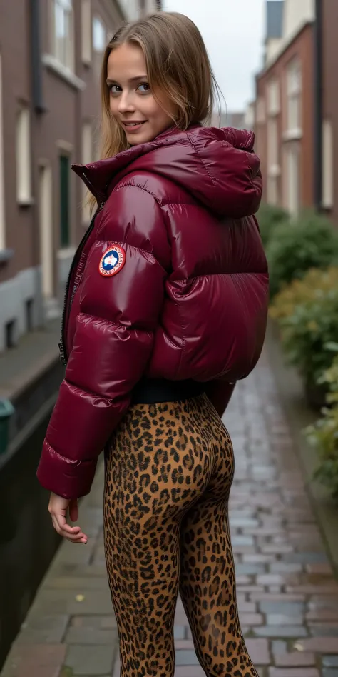 Backside diagonally photo from side behind of a sweaty hot wet cute beautiful darkblonde furtuned dutch spanish italia young posing age femboy wearing burgundy canada-goose extreme shiny pvc latex rubbery puffy cropped short puffer jacket, very short shiny...