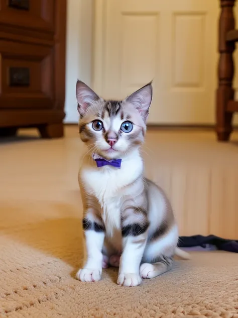 arafed siamese cat sitting on carpet with purple collar, aesthetic siamese cat, has two adorable blue eyes, an adorable kitten, the cutest kitten ever, small blue eyes, with pointy ears, she has a cute face, smol, a cute cat, r/aww, he has an elongated hea...