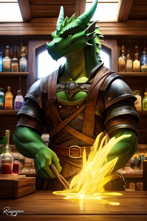 (masterpiece, 4K, ultra detailed, RAW photogr:1.2), illustration, massive green dragon, tight medieval clothing, massive Chest, welcoming smile, the counter in a shop, full of glowing potions, dynamic angle