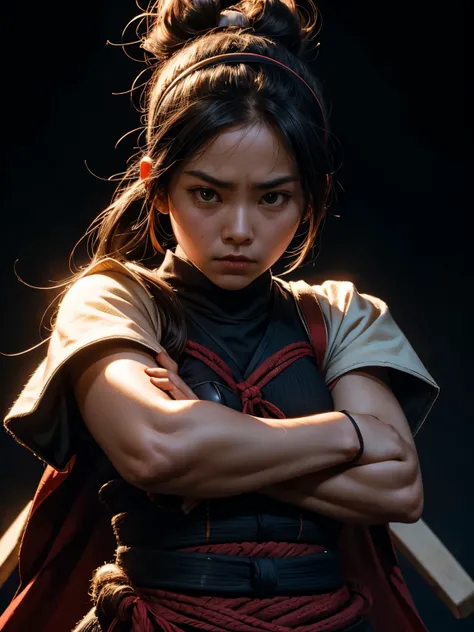 Close-up of a Anna Sawai, headband, dressed for kendo, arms folded, serious, dramatic lighting