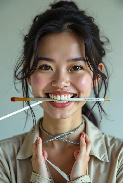 Generate a 3/4 profile of a woman’s face smiling while proudly displaying a white paintbrush permanently glued between her teeth and her hands tied behind her back 