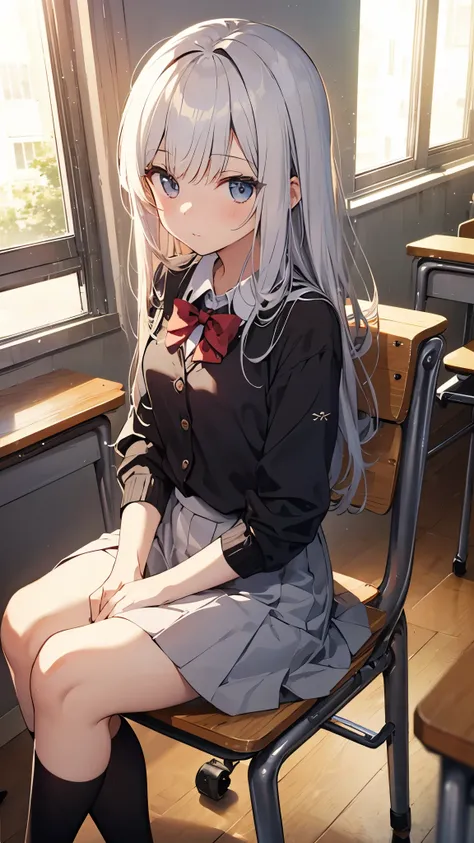 窓のあるclassroomの机に sitting indoors in POVアニメの女の子 馬鹿げている,  high quality,  game cg,  1 girl, classroom,  sitting indoors in POV, On a chair,  school desk, window, curtain, wind,  Color Difference,  Dutch angle