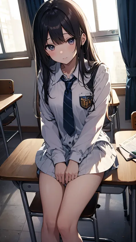 窓のあるclassroomの机に sitting indoors in POVアニメの女の子 馬鹿げている,  high quality,  game cg,  1 girl, classroom,  sitting indoors in POV, On a chair,  school desk, window, curtain, wind,  Color Difference,  Dutch angle