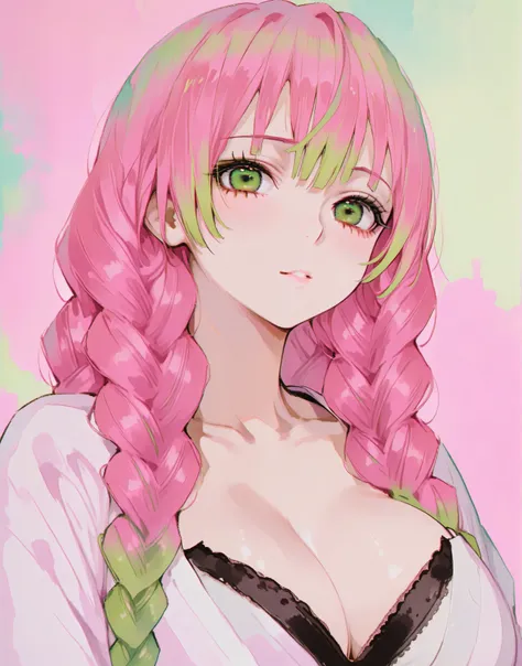 ((Mitsuri Kanroji)), pink hair, green highlights, ((green eyes)), big breasts, cleavage, sexy, upper body, colorful background, green background, pink background, 
