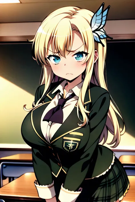 masterpiece, super details, best quality, aasena, long hair, hair ornament, large breasts, black neckerchief, blazer, green jacket, plaid skirt, green skirt, (frown), classroom