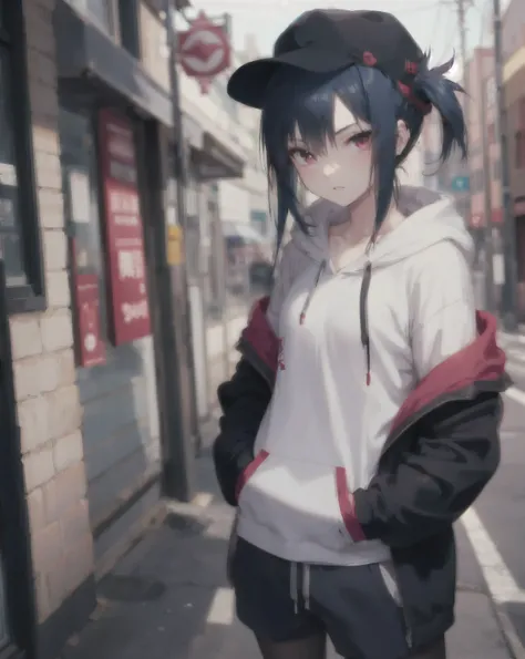 masterpiece,1girl,solo,long hair,blue hair,hoodie,off shoulder:1.2, mob cap, street,hand on hip, hand in pocket,(uchiha sasuke female version)