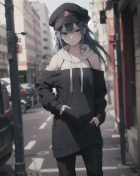 masterpiece,1girl,solo,long hair,blue hair,hoodie,off shoulder:1.2, mob cap, street,hand on hip, hand in pocket,(uchiha sasuke female version)