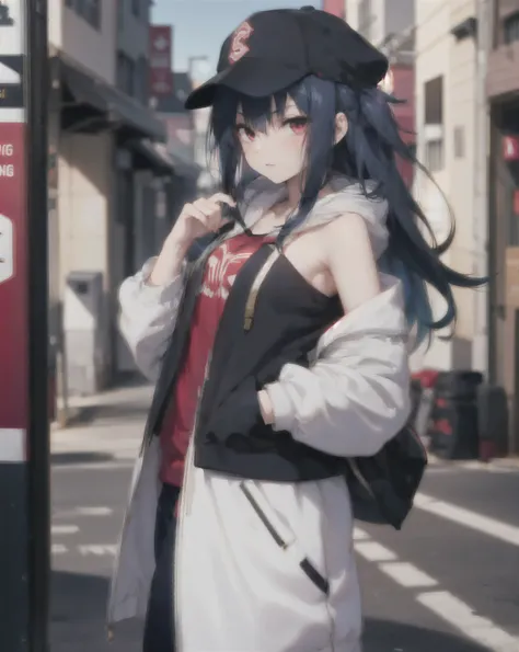 masterpiece,1girl,solo,long hair,blue hair,hoodie,off shoulder:1.2, mob cap, street,hand on hip, hand in pocket,(uchiha sasuke female version)