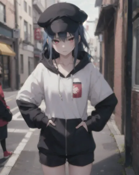 masterpiece,1girl,solo,long hair,blue hair,hoodie,off shoulder:1.2, mob cap, street,hand on hip, hand in pocket,(uchiha sasuke female version)