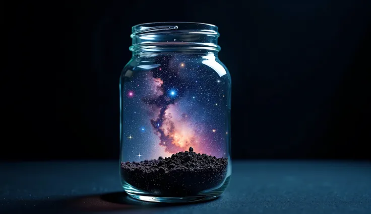 
 Close-up glass jar ,  starry night sky within , Miniature universe ,  twinkling stars ,  colored nebulae , galaxies,  cosmic dust , Glass Reflection,  curved surface distortion,  starry sky background, contrast,  depth , magical, ethereal glow,  hyperdet...