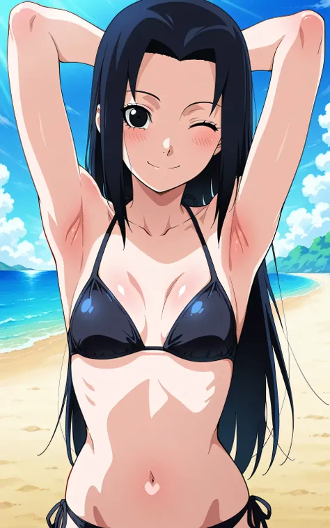 masterpiece, best quality, amazing quality, anime screencap, 1girl, solo, mikoto_uchiha, black eyes, black hair, long straight hair, bangs, black bikini, side tie bikini, arms behind head, armpits, head towards viewer, looking at viewer, smile, closed mout...