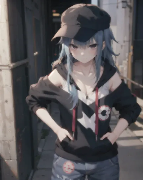 masterpiece,1girl,solo,long hair,blue hair,hoodie, akatsuki symbol on cloth, off shoulder:1.2, mob cap, akatsuki symbol on cap, street,hand on hip, hand in pocket,(uchiha sasuke female version), shy face