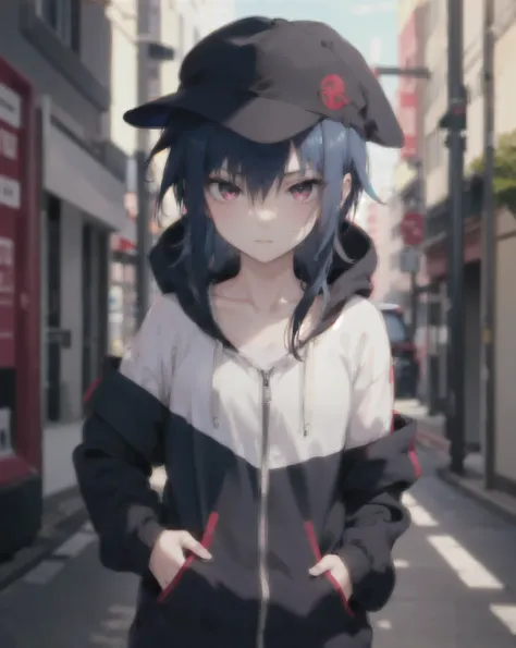 masterpiece,1girl,solo,long hair,blue hair,hoodie, akatsuki symbol on cloth, off shoulder:1.2, mob cap, akatsuki symbol on cap, street,hand on hip, hand in pocket,(uchiha sasuke female version), shy face