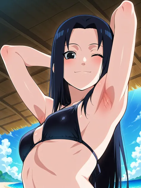 masterpiece, best quality, amazing quality, anime screencap, 1girl, solo, mikoto_uchiha, black eyes, black hair, long straight hair, bangs, black bikini, side tie bikini, arm behind head, armpit, head towards viewer, looking at viewer, smile, closed mouth,...