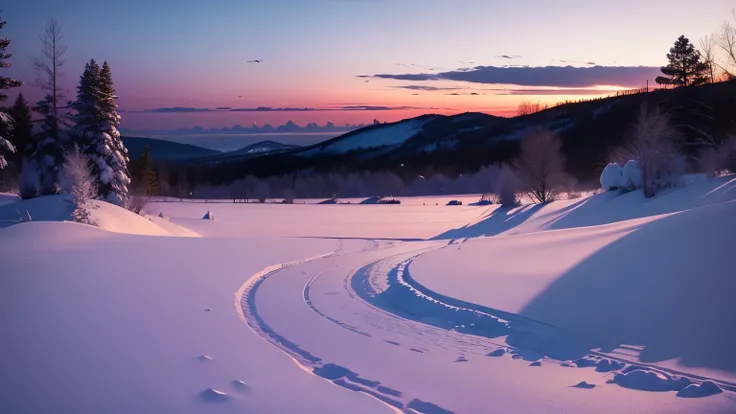 Winter Twilight Tranquility :
 The quiet period between sunset and total darkness,  when the sky is painted with shades of purple and blue ,  blending perfectly with the snowy environment .