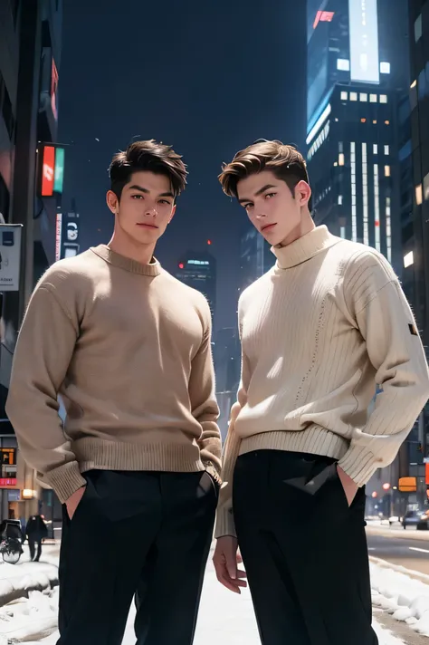 日本人duo　　 handsome　 short dark hair  　　short cropped 　　　male　duo　　Slim figure　　Thick knit　 sweater　　　 long pants　Background is snow　Just snow 　　　 futuristic city skyscrapers and highways in an upper body composition　　universe 　　　　　　maleduoでベンチで座る　　　　　　　male...