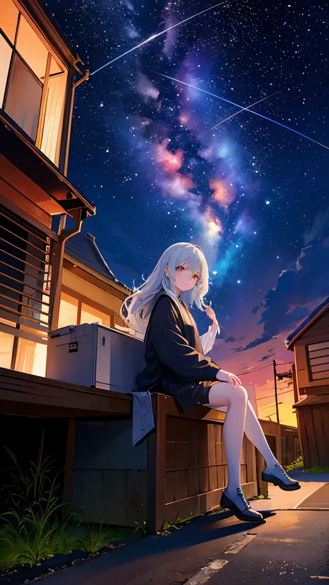 Octane Number, null, Star (null), landscape, Starry null,   night ,  in the seat,   night  null,  alone,   outdoor activity promises,  building , cloud,  Milky Way,  sitting indoors in POV, tree,  long hair, city, contour, cityscape ，無数の流Star， null，Make gi...