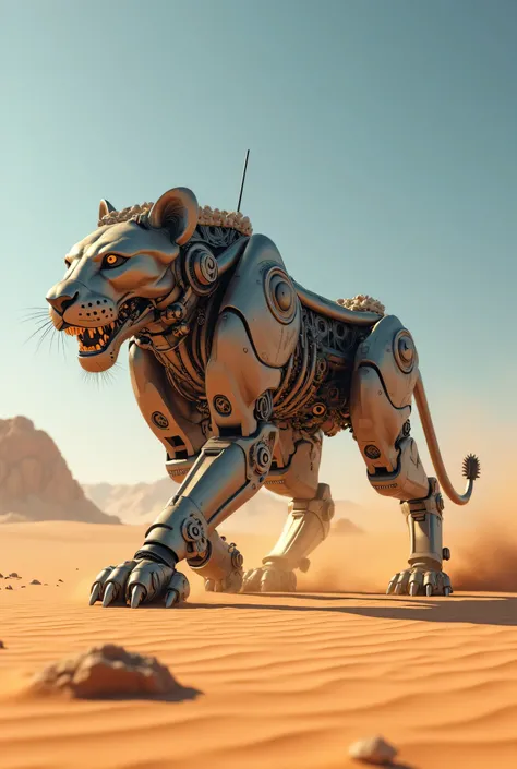 Walking in the desert 
A mechanical lion