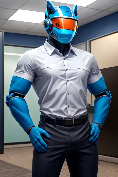 humanoid robot, blue body, male, visor, looking at viewer, shirt, pants, hand on hip, office, 5 fingers, [[yellow accents on visor]]