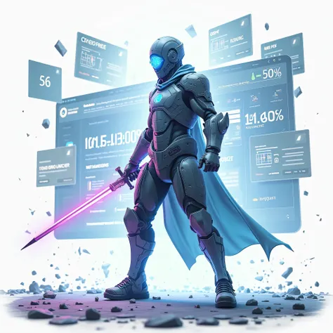 hybrid realistic-looking "A futuristic cyber-warrior standing in a digital battlefield, fighting off floating pop-ups, cluttered UI elements, and confusing navigation menus. The warrior holds a glowing shield labeled 'Clean Design' and wields a digital swo...