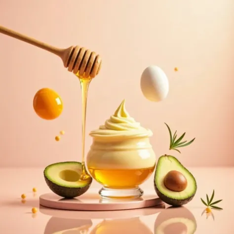  An elegant glass bottle containing a creamy hair mask ,  surrounded by floating natural ingredients ,  like gently flowing golden honey ,  An avocado cut in half ,  olive oil pouring in a fine thread and a shiny egg yolk .  The background is sophisticated...