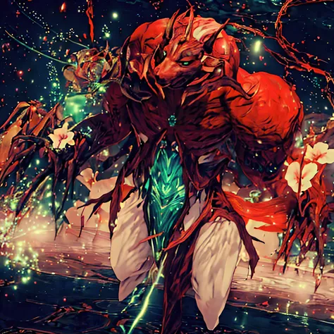  Create an illustration in the artistic style of  * yu-gi-oh! master duel*  of a hybrid creature combines the mystical beauty of  *Middlemist Red* —one of the rarest flowers in the world—with the exoskeletal structure and ferocity of a warrior ant .  

 Th...