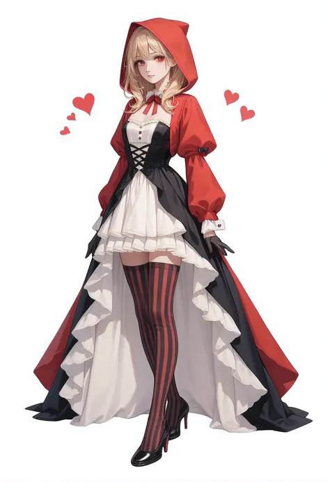 A Full body Concept Character  Design, Looking at you, small boobs, pretty peasant clothes, stunning Red Hood, red eyes, soft lips, beautiful and perfect woman, young, black gloves, long and striped stockings in pink and blue, hearts between the lines of t...