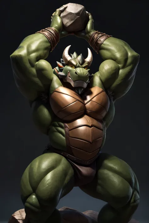 kragg, beetle, insect, male, green body, brown shell, horn, yellow sclera, holding boulder above head, 1boy, solo, furry, muscular, bara