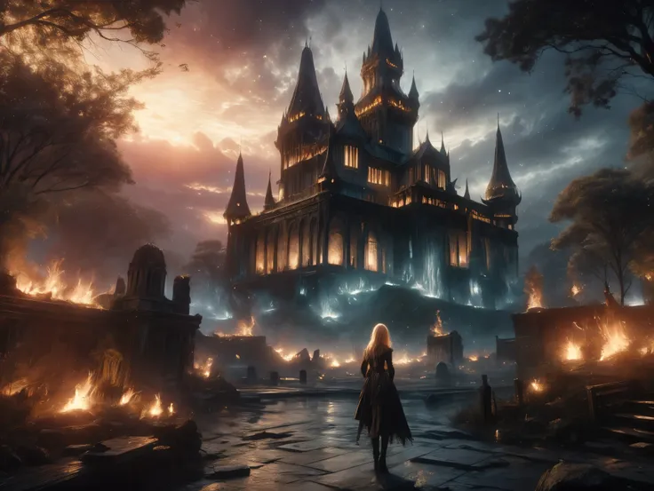 A spooky 3D scene of a haunted castle set against a dark, ghostly atmosphere. The rear view of a gothic blond girl, approximately in her late 30s with long, flowing blond hair, stands in the foreground. She wears a detailed steampunk-inspired outfit: a cor...