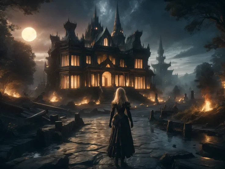 A spooky 3D scene of a haunted castle set against a dark, ghostly atmosphere. The rear view of a gothic blond girl:1.2, approximately in her late 30s with long, flowing blond hair, stands in the foreground. She wears a detailed steampunk-inspired outfit: a...