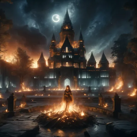 A spooky 3D scene of a haunted castle set against a dark, ghostly atmosphere. The rear view of a gothic blond girl, approximately in her late 30s with long, flowing blond hair, stands in the foreground. She wears a detailed steampunk-inspired outfit: a cor...