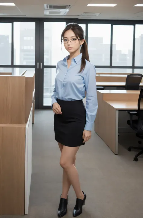  high resolution,(  photorealistic: 1.4,RAW shooting),  office,  girl ,  ponytail hair, timid face , ,  wearing glasses,  realistic skin texture in a loud voice,Full body display , standing facing the front,  officeスーツ