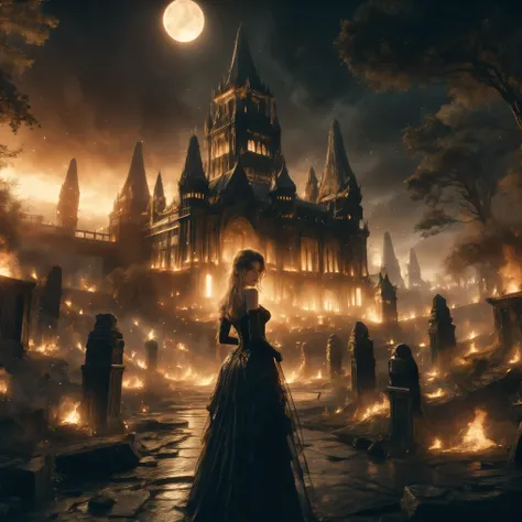 A spooky 3D scene of a haunted castle set against a dark, ghostly atmosphere. The rear view of a gothic blond girl, approximately in her late 30s with long, flowing blond hair, stands in the foreground. She wears a detailed steampunk-inspired outfit: a cor...