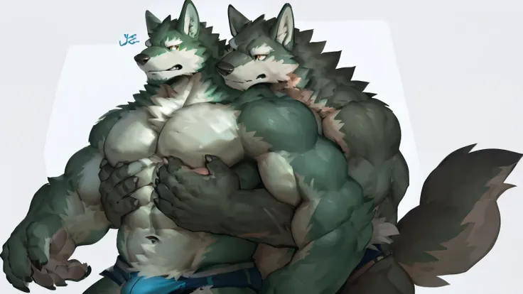 two muscular wolves , furry chest, muscular green wolf hug muscular wolf back, muscular green wolf stand behind, hug wolf from behind, white background, perfect hand, thick furry neck and chest fluff, hand behind head, side view by lindong, by nullghost, f...