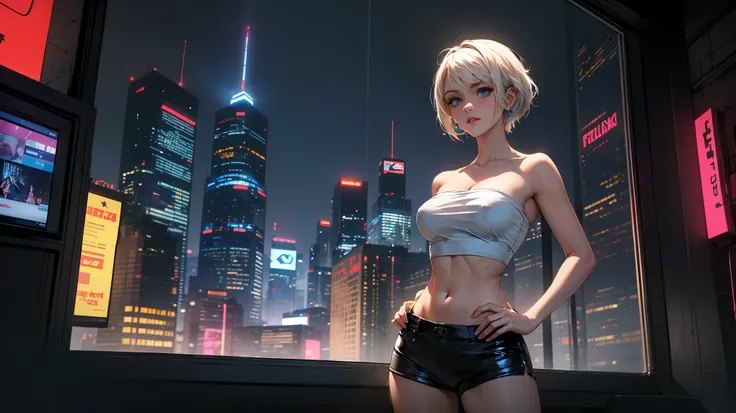 A short platinum blonde girl with icy blue eyes and a piercing on her eyebrow. She has an ethereal beauty, emphasized by the cool glow of the cyberpunk lights around her. Wearing a tight, white strapless crop top with glowing blue seams and matching micro ...